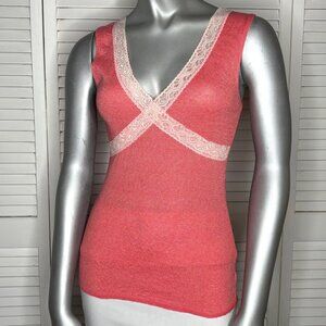 2000s Vintage Y2K Michael Stars Salmon Pink Lace Trim Sleeveless V Neck Top OS